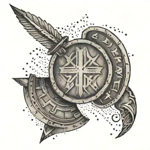  A tattoo of a Spartan shield with a quote from a famous philosopher inscribed on it, blending the themes of warr tattoo design idea