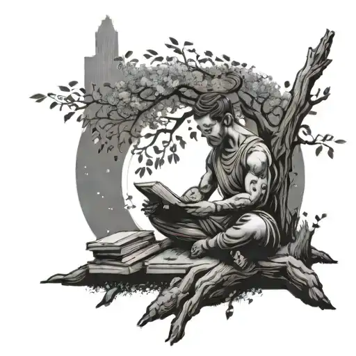 A peaceful scene of a warrior meditating under a tree with books scattered around them tattoo design idea