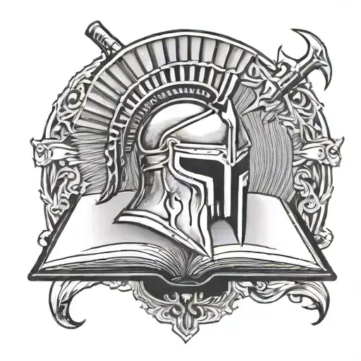A tattoo of a Spartan helmet with an open book inside, symbolizing the warrior Spirit combined with the p tattoo design idea
