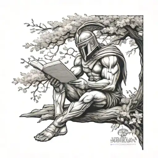 A tattoo of a Spartan warrior reading a book under a tree, representing the balance between strength and knowledge tattoo design idea