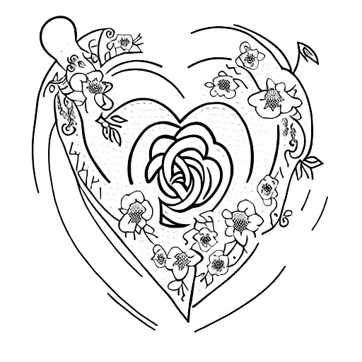 A heart-shaped tattoo with the initials of your son's name and his birthdate, surrounded by delicate flowers and vines tattoo design idea