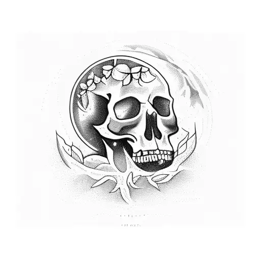 cracked skull overgrown with plants, with a crow and a moon,  whimsigothic  tattoo design idea
