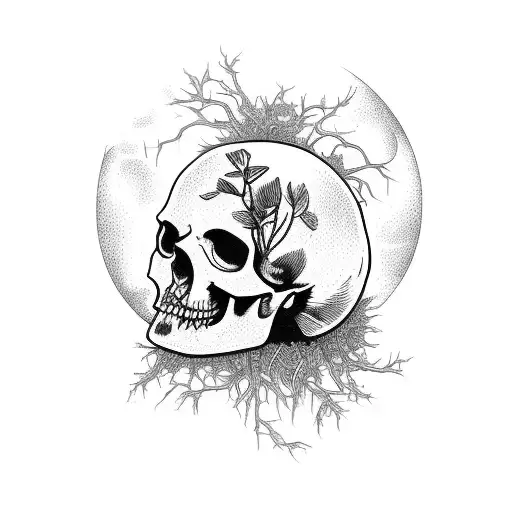 cracked skull overgrown with plants, with a crow and a moon gothic tattoo design idea