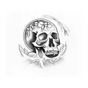 cracked skull overgrown with plants, with a crow and a moon,  whimsigothic  tattoo design idea