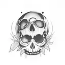 cracked skull overgrown with plants, with a crow and a moon,  whimsigothic  tattoo design idea