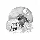 cracked skull overgrown with plants, with a crow and a moon,  whimsigothic  tattoo design idea