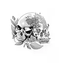 cracked skull overgrown with plants, with a crow and a moon,  whimsigothic  tattoo design idea