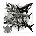 Ocean with various wildlife including a shark, eagle ray, manta ray, octupus, whale and jellyfish tattoo design idea