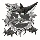 Ocean with various wildlife including a shark, eagle ray, manta ray, octupus, whale and jellyfish tattoo design idea