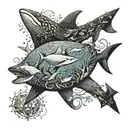 Ocean with various wildlife including a shark, eagle ray, manta ray, octupus, whale and jellyfish tattoo design idea