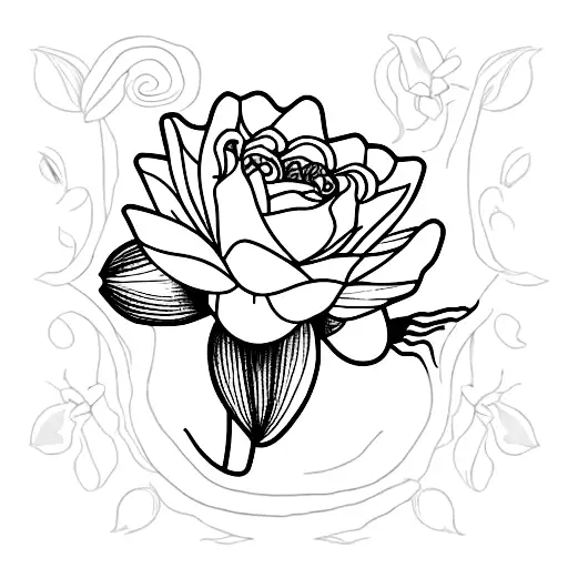 rose, water lilly , daffodil in a bunch with one stem saying ohana in cursive tattoo design idea
