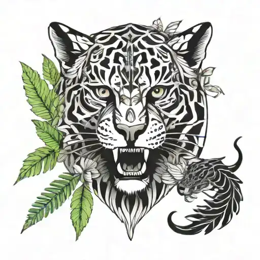 gothic jaguar and dragon with leafs and ferns and birds tattoo design idea