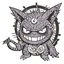 Pokemon Gengar with cool sunglasses and creative rave symbols and creative music notes and with Japanese tattoo design idea