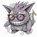 Pokemon Gengar with cool sunglasses and creative rave symbols and creative music notes and with Japanese tattoo design idea