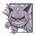 Pokemon Gengar with cool sunglasses and creative rave symbols and creative music notes and with Japanese tattoo design idea