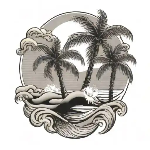 Palm tree with sand dune and waves crashing tattoo design idea