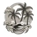 Palm tree with sand dune and waves crashing tattoo design idea