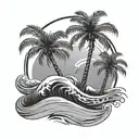 Palm tree with sand dune and waves crashing tattoo design idea