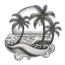 Palm tree with sand dune and waves crashing tattoo design idea