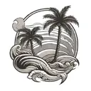 Palm tree with sand dune and waves crashing tattoo design idea