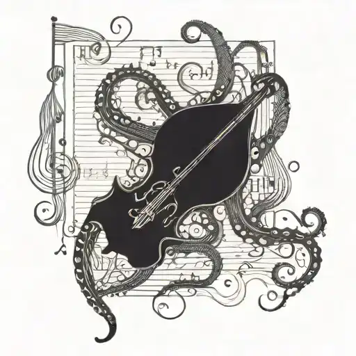 A music sheet with octopus tentacles as the lines and notes, surrounded by sea creatures playing instruments tattoo design idea
