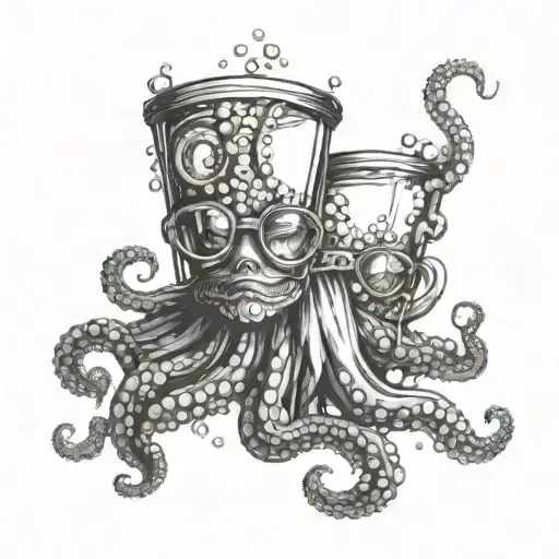 A pair of glasses with octopus tentacles wrapping around the frames and sea creatures swimming in the lenses tattoo design idea