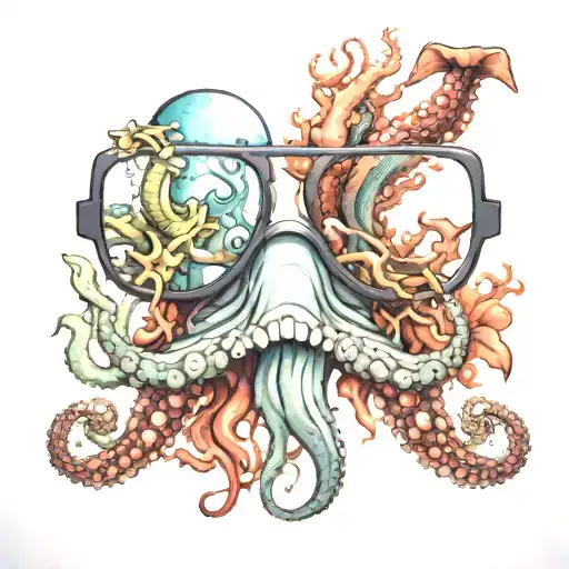 A pair of glasses with octopus tentacles wrapping around the frames and sea creatures swimming in the lenses tattoo design idea