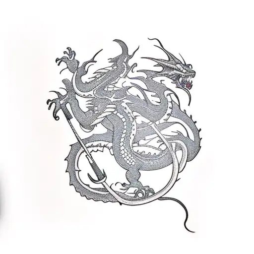 A traditional-style dragon intertwined with the word 'Trader' in bold letters tattoo design idea