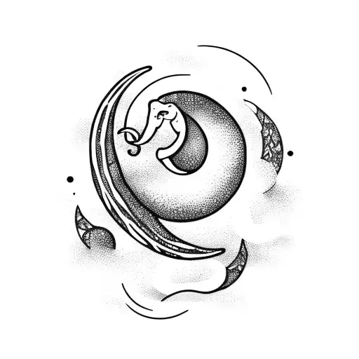 crescent moon, waves, elephant with her child  tattoo design idea