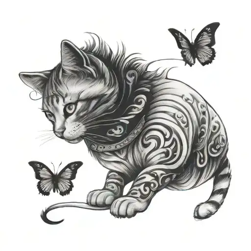 Cat gracefully doing pilates poses with a butterfly on its tail tattoo design idea