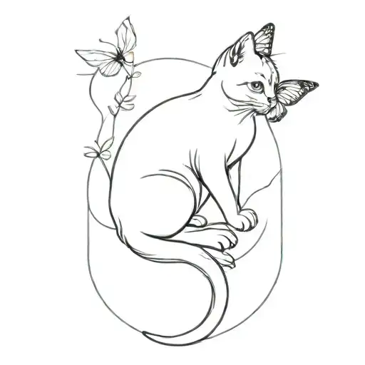 Cat gracefully doing pilates poses with a butterfly on its tail tattoo design idea