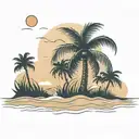 A serene beach scene with gentle waves lapping at the shore. A palm tree stands tall, its fronds swaying in the breeze.  tattoo design idea