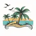 A serene beach scene with gentle waves lapping at the shore. A palm tree stands tall, its fronds swaying in the breeze.  tattoo design idea
