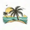 A serene beach scene with gentle waves lapping at the shore. A palm tree stands tall, its fronds swaying in the breeze.  tattoo design idea