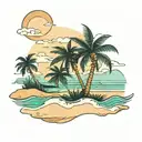 A serene beach scene with gentle waves lapping at the shore. A palm tree stands tall, its fronds swaying in the breeze.  tattoo design idea