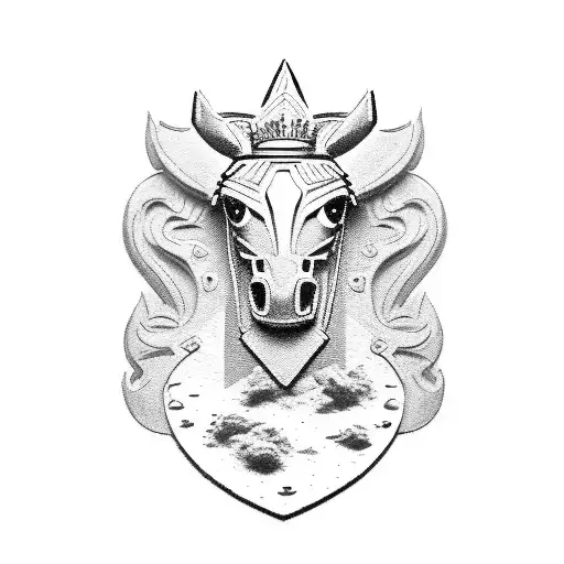 Combine elements of a military badge with a horse's head in a dotwork style tattoo design idea