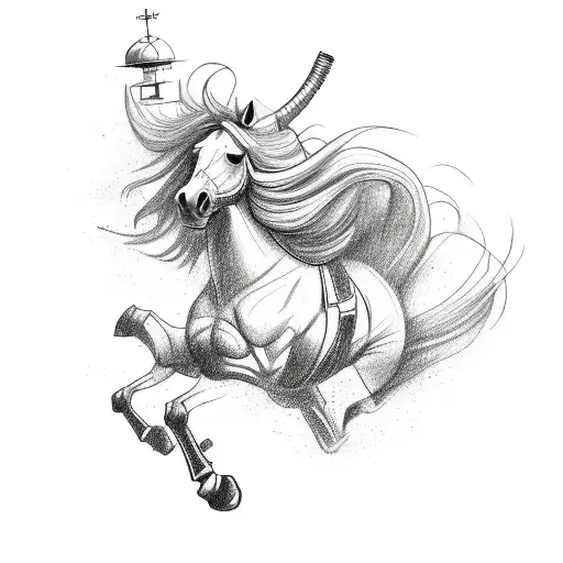 Illustrate a sketch-style tattoo of a horse jumping over a military tank tattoo design idea