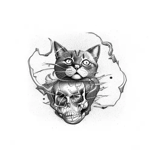 cat lying with a human skull tattoo design idea