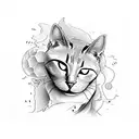 cat lying with a human skull tattoo design idea