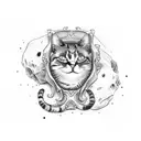 cat lying with a human skull tattoo design idea