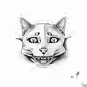 cat lying with a human skull tattoo design idea