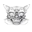 cat lying with a human skull tattoo design idea