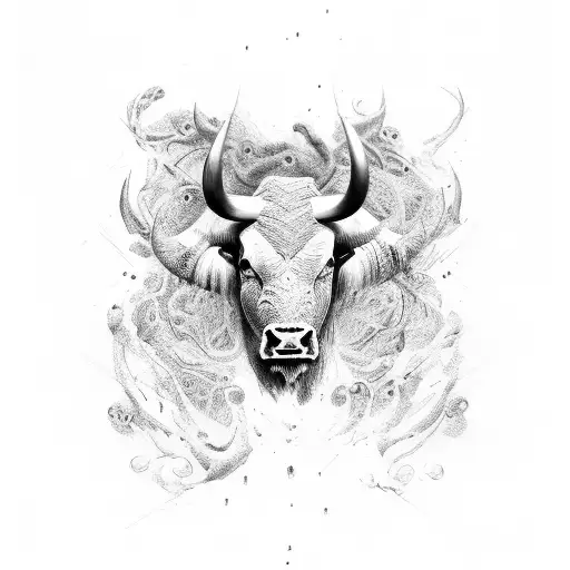 unique,black and white angry bull, masterpiece tattoo design idea