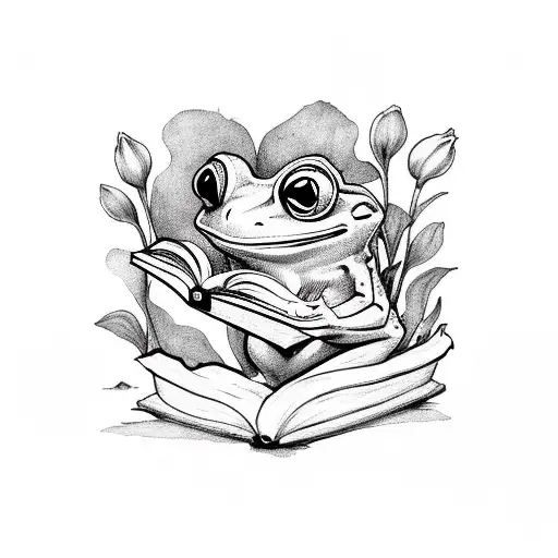 A whimsical fantasy frog reading a book in a Holland tulip field tattoo design idea