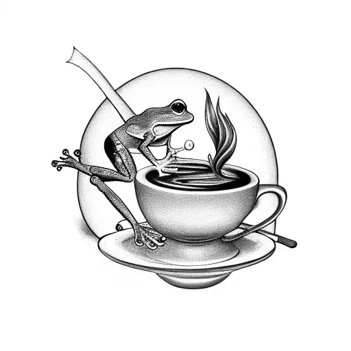 A surreal tattoo of a frog sipping coffee in a cozy Holland windmill tattoo design idea