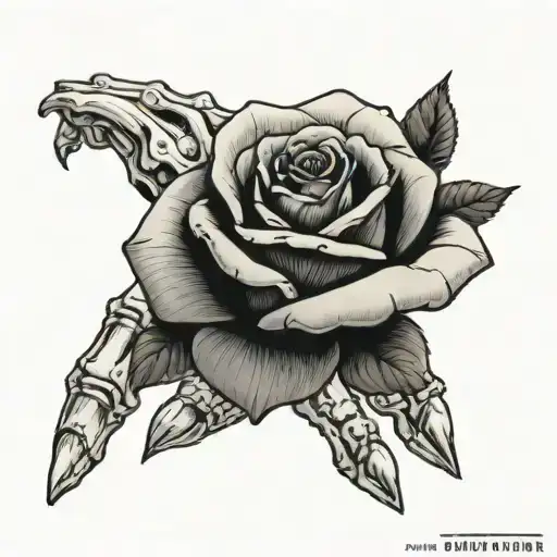 rose on hand with skeleton finger s   tattoo design idea
