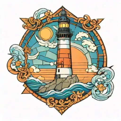 A mosaic-inspired tattoo design featuring a lighthouse overlooking the ocean, with a color scheme of blue and orange, in tattoo design idea