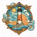 A mosaic-inspired tattoo design featuring a lighthouse overlooking the ocean, with a color scheme of blue and orange, in tattoo design idea