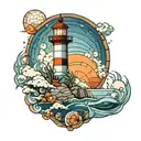 A mosaic-inspired tattoo design featuring a lighthouse overlooking the ocean, with a color scheme of blue and orange, in tattoo design idea
