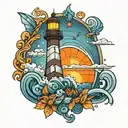 A mosaic-inspired tattoo design featuring a lighthouse overlooking the ocean, with a color scheme of blue and orange, in tattoo design idea